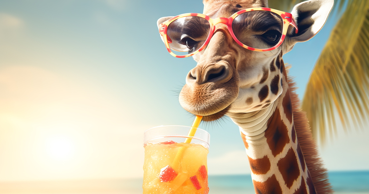 Giraffe met zonnebril drinkt een cocktail op een strand met palmboom